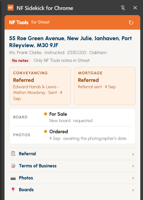 A close view of the NF Sidekick panel: the address and owner, a red No notes pill, amber Conveyancing and Mortgage boxes both reading Referred, a For Sale board and an Ordered photo job